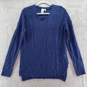 Oh MG Open Knit Sweater Womens L Blue Crew Neck Pullover Long Sleeve Side Slit
